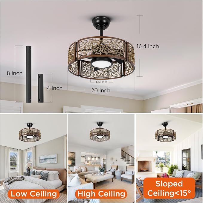 TALOYA 20 Inch Caged Ceiling Fans with Lights Chandelier Remote Control Flush Mount Low Profile for Bedroom Living Room Patio,Reversible,Buzzer Mute,Dimmable Led Light Included,Fandelier,Black Walnut
