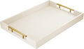ATZYmolin 17"x12" Leather Serving Tray, Gold Handle Vanity Platter, White | Rectangle Ottoman Decor Tray, Polished Metal Handles, Coffee Table Bathroom Home Decorative Wood Tray