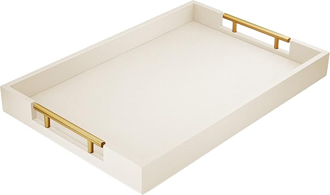 ATZYmolin 17"x12" Leather Serving Tray, Gold Handle Vanity Platter, White | Rectangle Ottoman Decor Tray, Polished Metal Handles, Coffee Table Bathroom Home Decorative Wood Tray