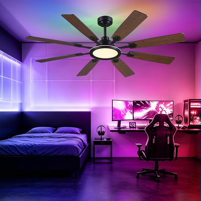 Ceiling Fan With Light & Remote Indoor/Outdoor Use 60 Inch RGB Brown | Remote Control,RGB Dimmable,Reversible DC Motor,3CCT,Timer,Noiseless,Ceiling Fan for Bedroom Living Room