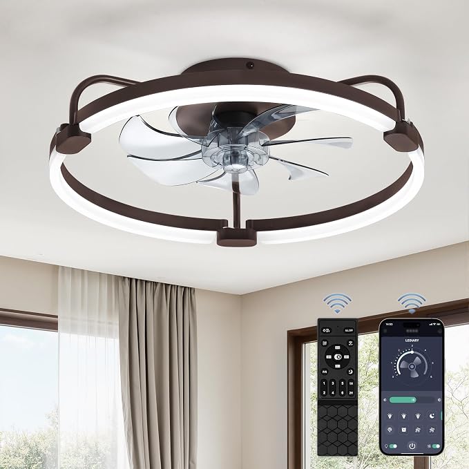 LEDIARY Ceiling Fans with Lights and Remote, 20'' Low Profile Ceiling Fan with Light, 3000-6000K Dimmable Fandelier LED Fan Light, 6 Wind Speeds, Brown Modern Flush Mount Ceiling Fan for Bedroom