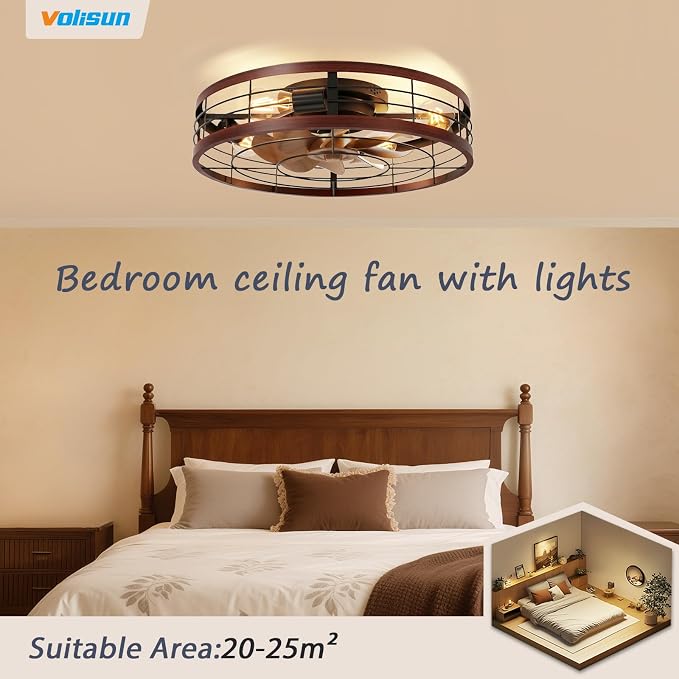 VOLISUN Farmhouse Caged Ceiling Fans with Lights Flush Mount, 23.6'' Rustic Low Profile Ceiling Fan with Light and Remote, Bladeless Fandelier Ceiling Fans with Lights for Kitchen, Bedroom(Wood)