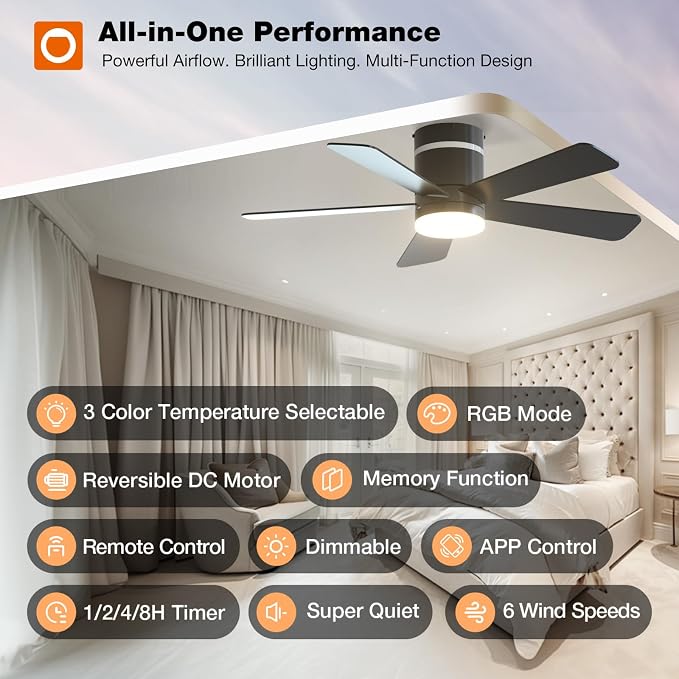 addlon RGB Ceiling Fans with Light, 42‘’ Low Profile Flush Mount Small Ceiling Fan, Remote Control/APP Control, Reversible, Sleek Modern Fan for Bedroom, Living Room, Kids Room, Indoor/Outdoor, Black