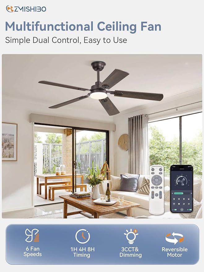 ZMISHIBO 52" Ceiling Fans with Lights, Oil Bronze Farmhouse Ceiling Fan with Remote & App Control, Rustic Indoor Fan with Dual Finish Blades, Quiet & Strong Motor, 24W Dimmable Bright LED Light.