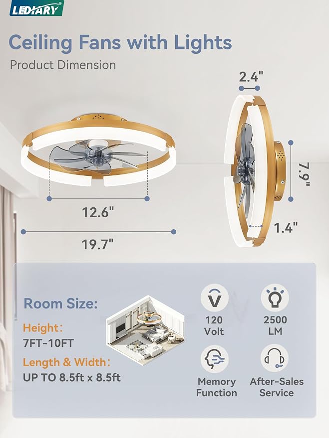 LEDIARY 19.7 Inch Low Profile Ceiling Fans with Lights and Remote, 6 Speeds, 3 CCT, Reversible, Dimmable Flush Mount Fan Light, Modern Ceiling Fan with Light for Bedroom, Gold