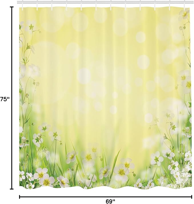 Ambesonne Flower Shower Curtain, Flowering Field with Fresh Grass Soft Springtime Pale Colored Blurred Image, Cloth Fabric Bathroom Decor Set with Hooks, 69" W x 75" L, Yellow Green