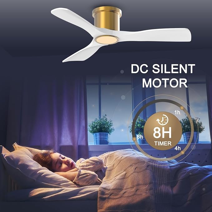 OFANTOP 52 Inch White Gold Flush Mount Smart Ceiling Fan with Light Remote | Whisper-Quiet & Powerful Airflow, 3-Color Dimmable LED with Memory, Reversible Motor, Timer, for Bedroom Living Room