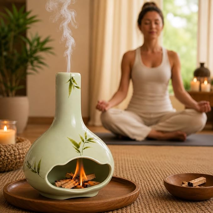 Handmade Ceramic Palo Santo Holder, Incense Burner with Chimney and Ash Catcher for Palo Santo Sticks, Sage & Incense Cones, Mini Fireplace Decor for Reading, Meditation, Yoga, Weekend