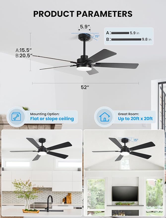 52 Inch Ceiling Fan with Lights and Remote, Downrod Mount, Sloped Ceiling Compatible up to 15°, Quiet Reversible DC Motor, 3CCT Dimmable LED, Black Ceiling Fan for Bedroom Living Room