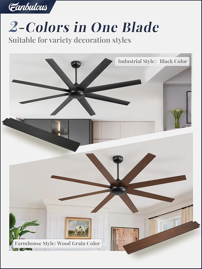 Fanbulous 72 Inch Ceiling Fans No Light with Remote, Black Indoor/Outdoor Ceiling Fan Without Light with Quiet Reversible DC Motor, 6 Speeds, 8 Blades Large Ceiling Fan for Living Room Bedroom Patio