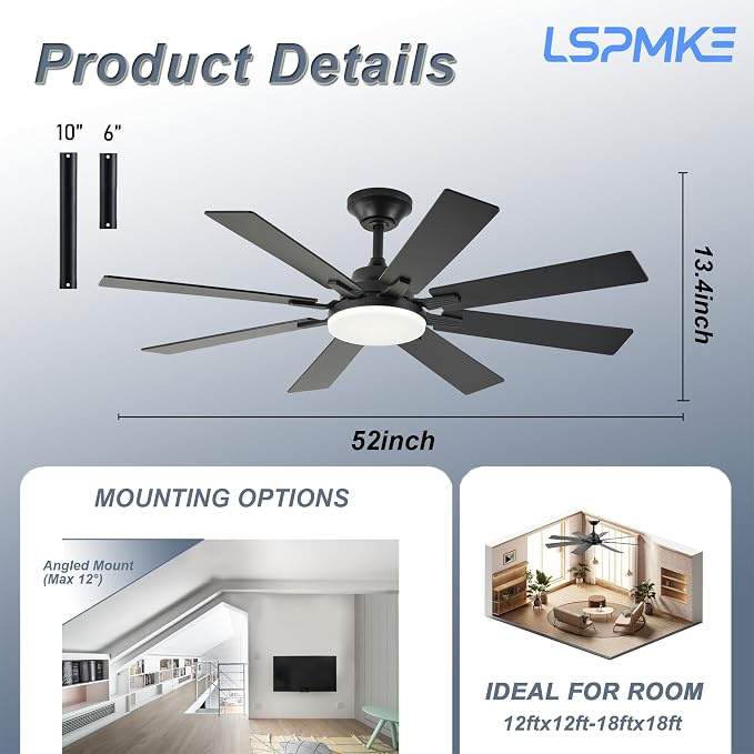 Ceiling Fan With Light & Remote Indoor/Outdoor Use 52 Inch Black | Reversible DC Motor,3CCT, Dimmable, Timer, Noiseless,Ceiling Fan for Bedroom Living Room