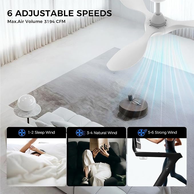 Roomratv Ceiling Fans with Lights and Remote Control,Quiet Noiseless Reversible DC Motor,6 Speeds,Timers, 3 CCT, Indoor Use, Plastic Blades,42 Inch White Modern Ceiling Fan for Bedroom Living Room