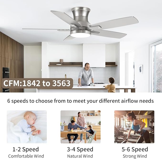 42 Inch Flush Mount Brushed Nickel Ceiling Fan with Light and Remote Control.Noiseless,Dimmable,3CCT,6 Speeds Reversible, Low Profile DC Ceiling Fans for Indoor or Covered Outdoor Use,ETL Listed