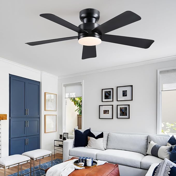 Asyko 46" Black Modern Low Profile Ceiling Fan with LED Light and Remote | Super Large Airflow with 6 Wind Speeds, Reversible, Dimmable 3 CCT LED Light, Noiseless 30W DC Motor,for Bedroom Kitchen