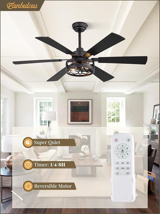 Fanbulous 50 Inch Ceiling Fan with Lights, Farmhouse Caged Ceiling Fans with Remote, Black Industrial Ceiling Fans with Quiet Reversible DC Motor, Small Ceiling Fan for Living Room, Bedroom