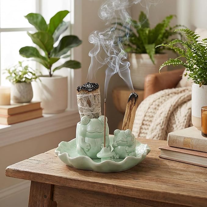 ChangWanna Multifunction 4 in 1 Frog Incense Holder, Palo Santo Holder, Sage Holder, Ceramic Incense Stick Holder for Burning - Cute Ash Catcher Tray for Yoga/Meditation/Home Room Office Decor, Green