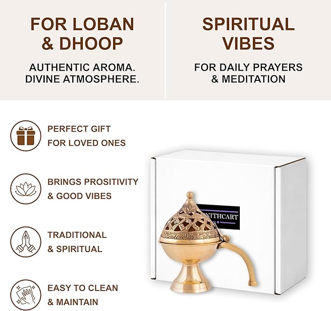 Pure Brass Loban Burner/Dhoop Dani | Round Dhuna Incense Burner for Loban & Dhoop | Traditional Tabletop Brass Dhooni for Home Purification | Small Size