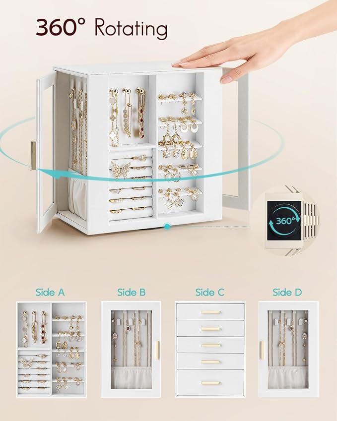 VLANDO 360° Rotating Jewelry Box with 5 Drawers, Large Jewelry Storage with 2 Glass Window, PU Leather Jewelry Organizer for Bracelets, Necklaces, Earrings, Rings - White
