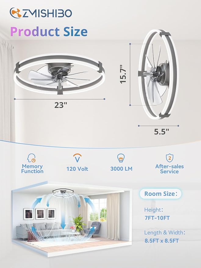 ZMISHIBO RGB Ceiling Fans with Lights and Remote, 23 inch Low Profile Ceiling Fan with Light, 3000K-6000K Dimmable & RGB, Modern Fandelier Flush Mount Ceiling Fan, Small LED Fan for Bedroom,Grey