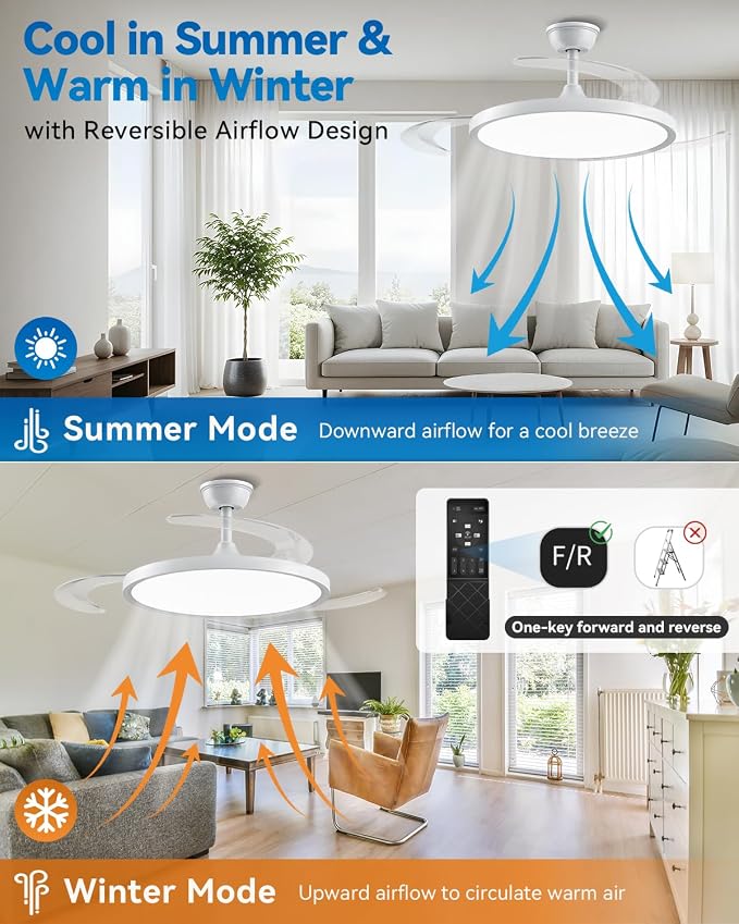 【Larger】48" Retractable Ceiling Fans with Lights, Fandelier Ceiling Fan with Light and Remote, Reversible, 3 CCT, Dimmable, Slim Modern Chandelier for Bedroom, Living Room, Dining Room (White)