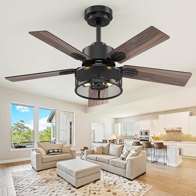 Farmhouse Ceiling Fans with Lights and Remote, 42 Inch Black Caged Ceiling Fan, Indoor/Outdoor Ceiling Fan with Dual-Color Blade Warm White Lighting for Bedroom, Patio, Kitchen, Living Room