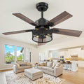 Farmhouse Ceiling Fans with Lights and Remote, 42 Inch Black Caged Ceiling Fan, Indoor/Outdoor Ceiling Fan with Dual-Color Blade Warm White Lighting for Bedroom, Patio, Kitchen, Living Room