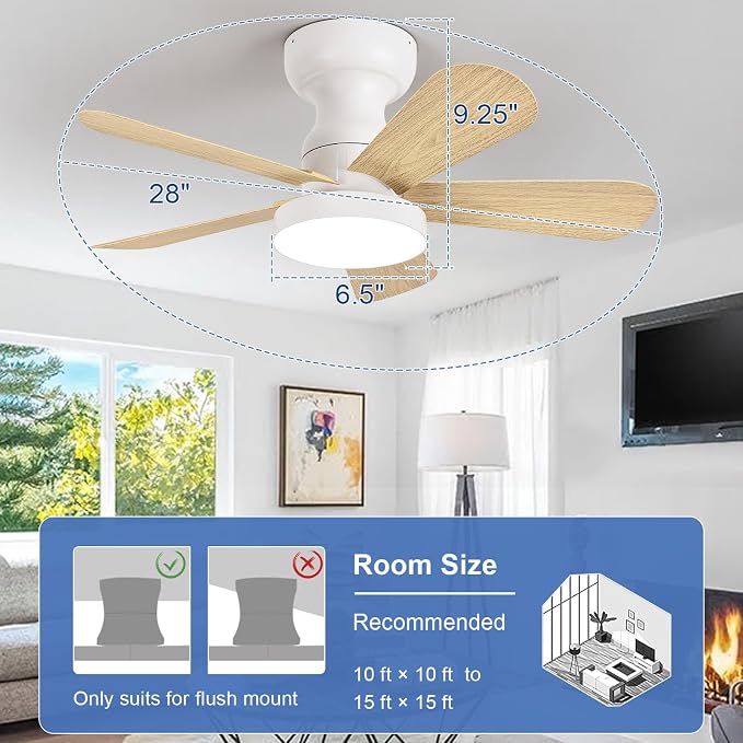 Depuley Small Ceiling Fan with Lights: 28-Inch Flush Mount Fan with Light and Remote - Low Profile Ceiling Fans Reversible Quiet DC Motor for Bedroom Living Room Indoor Outdoor, Wood Color