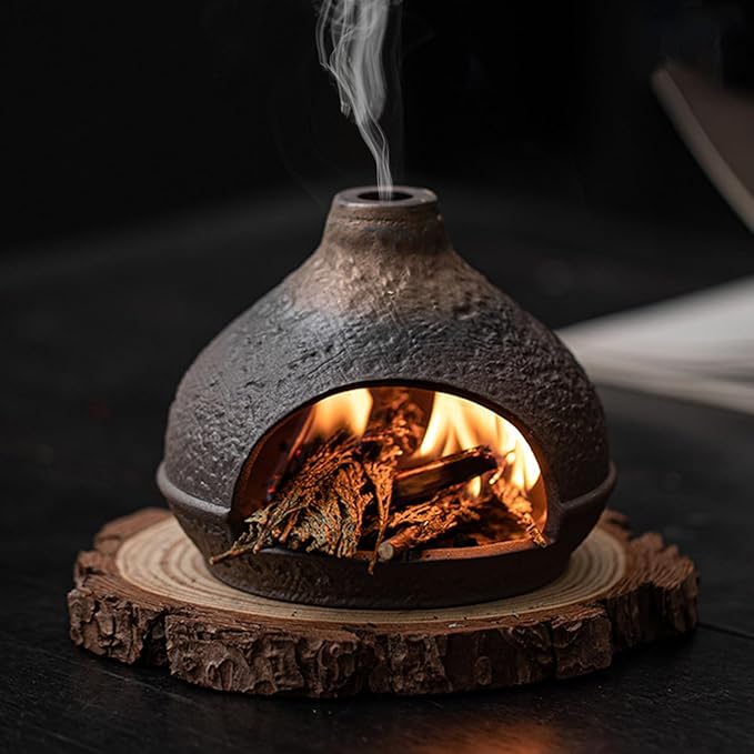 Palo Santo Holder Incense Burner-Zongzi Clay Smudge Bowl with Chimney, Mini Ceramic Fireplace for sage、Cone Burning (Handmade - B)