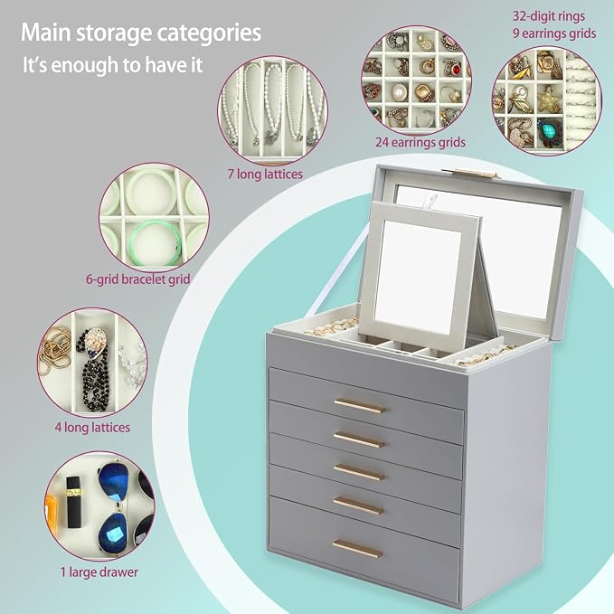 BOOVO Jewelry Boxes for Women, White and Black 6 Layer Large Jewelry Box for Necklace, Bracelet, Earrings, Rings Storage, Jewelry holder Organizer for Girls Gift (Grey, 6 layer)