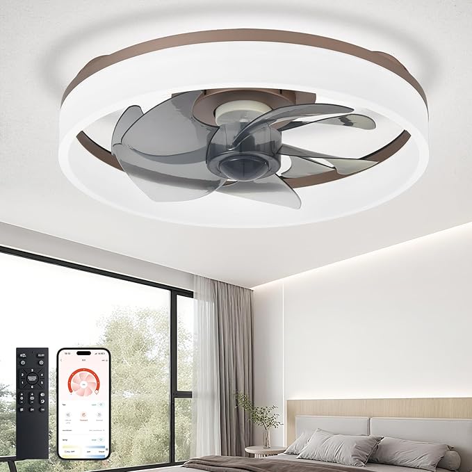 DLLT LED Ceiling Fan with Light: 16" Modern Low Profile Flush Mount Fandelier with App & Remote Control - Dimmable Brown Bladeless Fan Light Fixture for Bedroom Kids Room Living Room