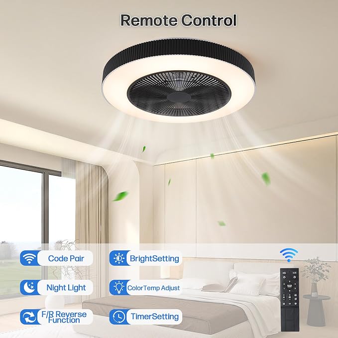 20" Bladeless Ceiling Fans with Light Remote Control,LED Smart Flush Mount Ceiling Fan With light for Bedroom, Kids Room, Reversible Motor, 6 Wind Speed, 3000LM, 57W-White/Black (Black)