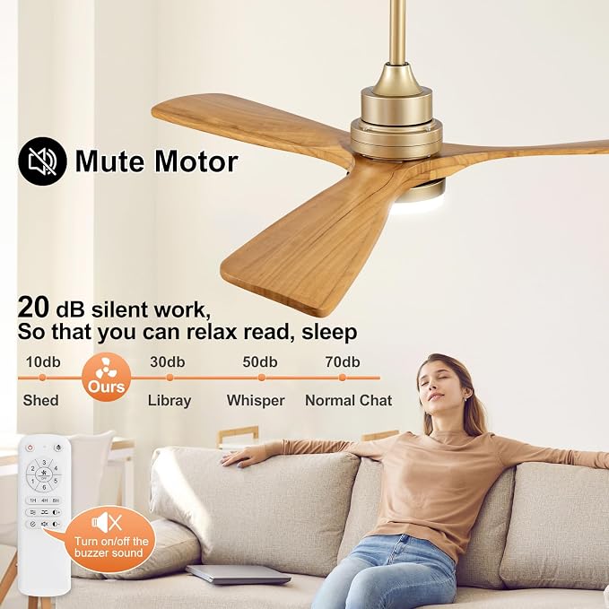52 Inch Boho Ceiling Fans with Lights and Remote, Gold Ceiling Fan with Quite Reversible DC Motor, Dimmable LED Memory Function,Solid Wood Indoor Outdoor Ceiling Fan with Light for Patio Bedroom