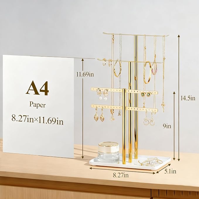 pickpiff Jewelry Organizer: 14.5" Sturdy Stand for 80 Pcs Jewelry, Shiny Gold