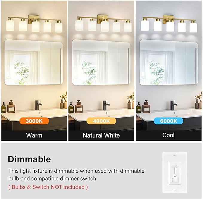 FonmYim Brushed Gold Bathroom Light Fixtures, 5-Light Modern Vanity Light Over Mirror, Wall Sconces with Milky White Frosted Glass Shades, E26 Socket (Bulbs Not Included)