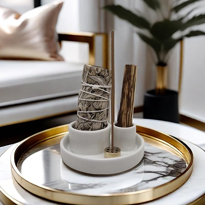 4 in 1 Incense Holder, Ceramic Incense Stick and Palo Santo Holder,Sage Holder for Burning- 4.25" Ceramic Ash Catcher Tray for Meditation and Yoga Room (White)