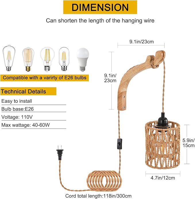 Plug in Wall Sconce,Farmhouse Wicker Wall Lamp Plug in,Hand Woven Rattan Wall Light Farmhouse Rustic Boho Sconces Wall Lighting for Living Room Bedroom