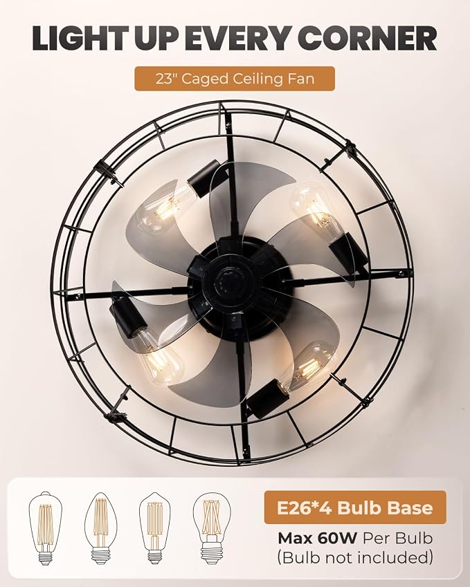 23 Inch Farmhouse Caged Ceiling Fan with Light, Remote Control Flush Mount Fan Lights Ceiling Fixtures, 6 Speeds Reversible Motor Bladeless Indooor Lights for Kitchen, Living Room, Bedroom, Black