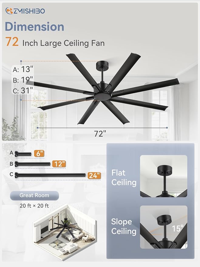 ZMISHIBO 72 Inch No Light, Large Industrial Ceiling Fan with 8 Aluminium Blades, Quiet DC Motor, 6 Speeds, Modern Ceiling Fan without Light for Garage/shop/living room,Black
