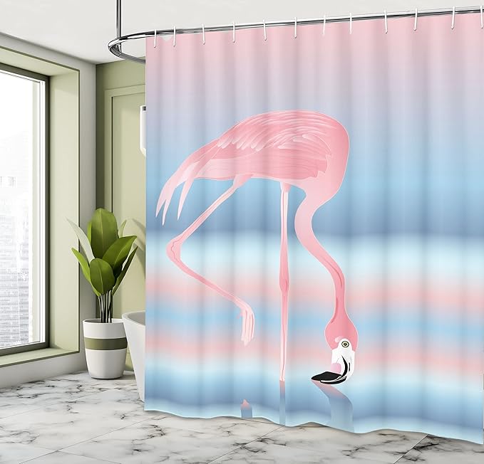 Ambesonne Flamingo Shower Curtain, Illustration of Royal Animal in The Lake Soft Pale Romantic Colors Art Work, Cloth Fabric Bathroom Decor Set with Hooks, 69" W x 70" L, Pink Blue