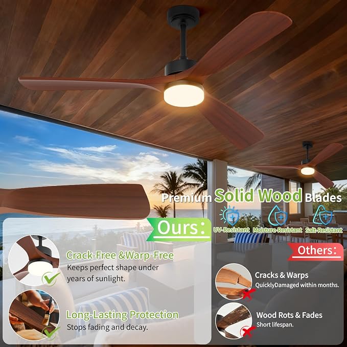 60 Inch Ceiling Fans with Lights and Remote Control, Walnut Ceiling Fan with Light for Bedroom, Living Room, Covered Outdoor, 6 Speeds Reversible Noiseless DC Motor, 3CCT, Dimmable LED Light
