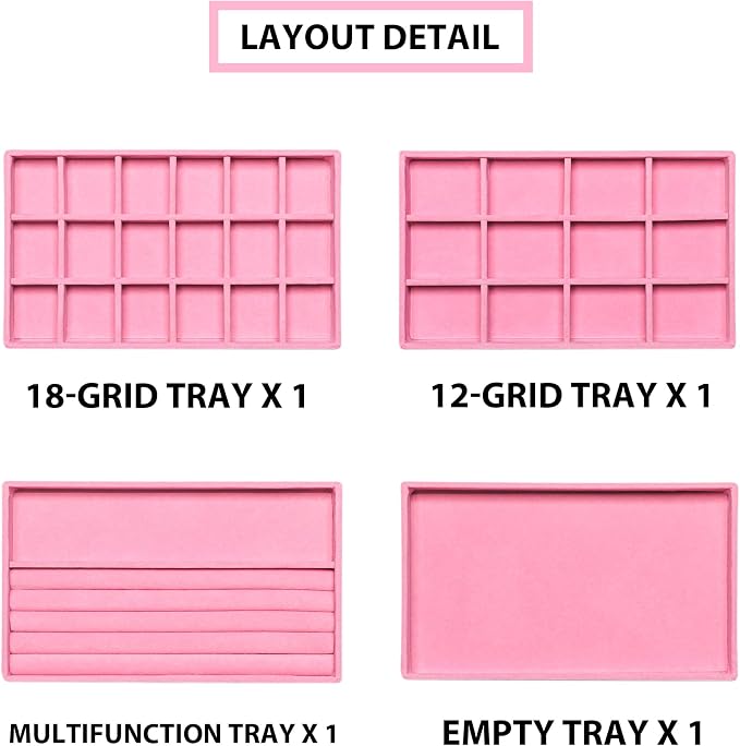 Frebeauty Jewelry Trays for Drawer,Set of 4 Jewelry Organizer and Storage | Velvet Material,Earring Holder Organizer,Stackable Jewelry Display for Vanity,Drawer Inserts for Rings,Studs,8.3×4.9 inch