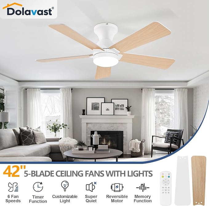 Ceiling Fans with Lights, 42 Inch Low Profile Ceiling Fan with Light and Remote Control, Flush Mount, Reversible, 3CCT, Dimmable LED, Quiet, White Ceiling Fan for Bedroom, Kitchen