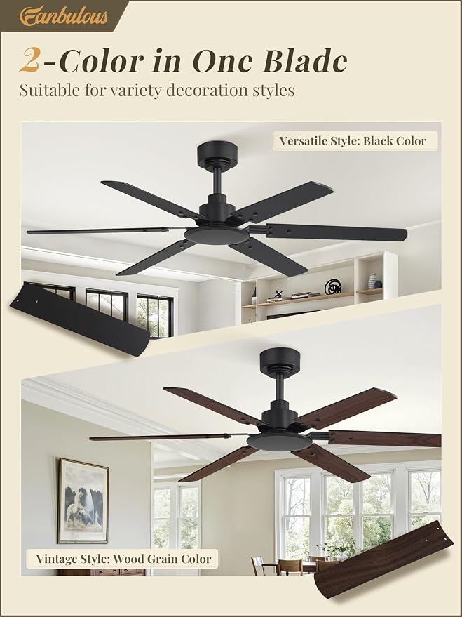 Fanbulous Ceiling Fan No Light, 48 Inch Indoor/Outdoor 6 Blades Ceiling Fan with Remote, 6-Speeds, Quiet Reversible DC Motor, Fans Without Light for Tilted Ceiling/Bedroom/Living Room/Patios