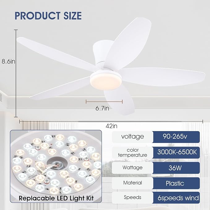 Surtime 42" Ceiling Fans with Lights-Low Profile Ceiling Fan with Light and Remote/APP Control,Flush Mount,DC Reversible,LED Dimmable Modern Ceiling Fans for Bedroom,Indoor/Outdoor Patio Use(White)