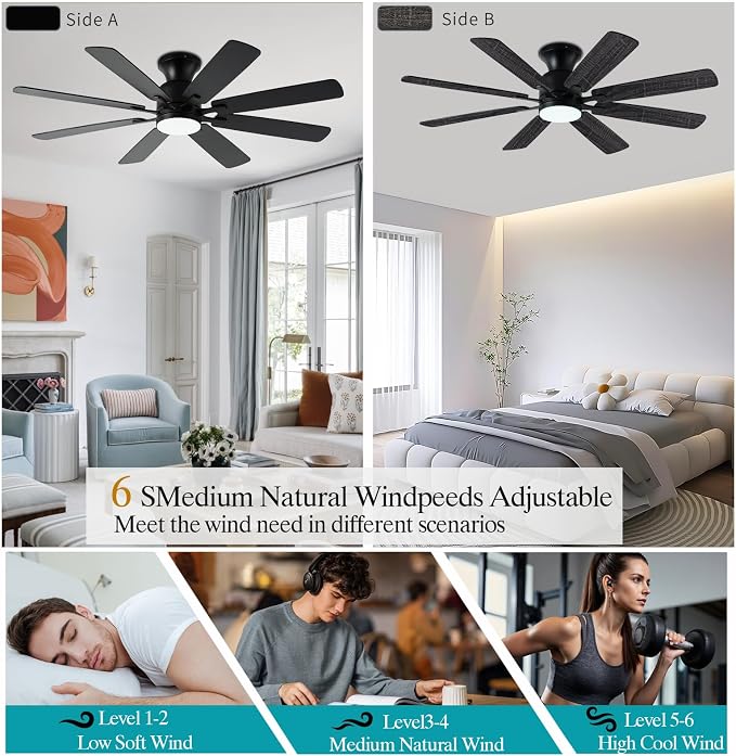 KNUN 52 Inch Ceiling Fan with Light,Low profile Ceiling Fans with Remote Control or App Control, 8 Blades, Noiseless, DC Motor, Flush Mount Ceiling Fan for Bedroom,Living Room, Indoor/Outdoor Black
