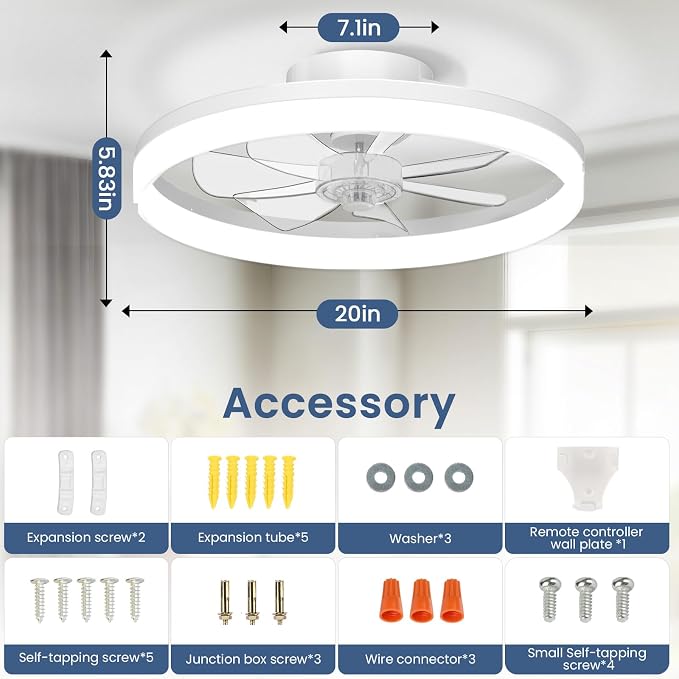 Ceiling Fans with Lights and Remote, 20" Foldable Modern Low Profile Ceiling Fan with Light, Stepless Color Temperature Change and 6 Speeds for Bedroom, Kids Room and Living Room(White)