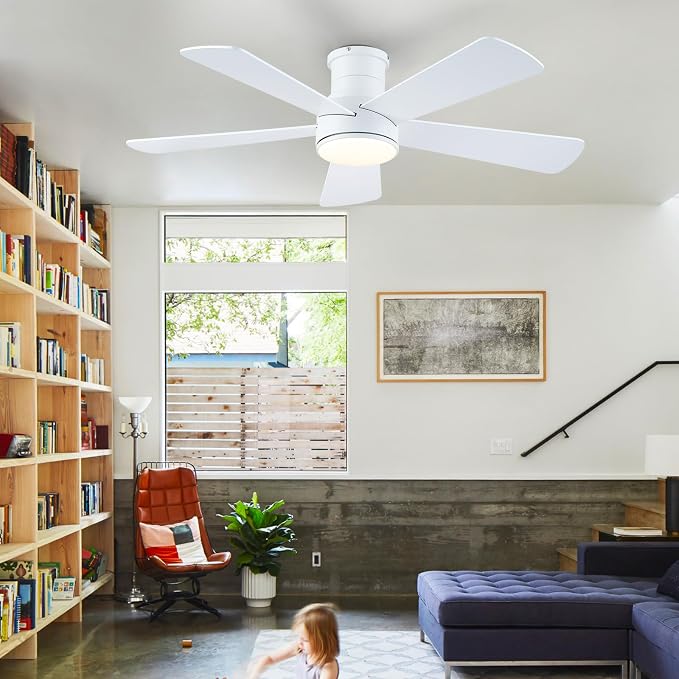 Hounberi 46 Inch Flush Mount Ceiling Fan with Lights and Remote, Modern Quiet DC Motor Low Profile Ceiling Fan for Low Ceilings, 5 Reversible Blades, 6 Speeds Dimmable, Indoor Outdoor Bedroom, White