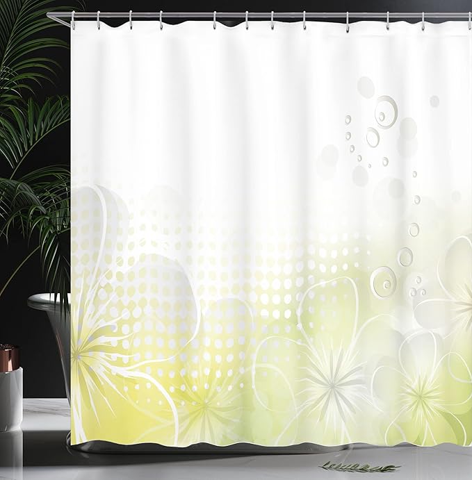 Ambesonne Grey and Yellow Shower Curtain, Abstract Grunge Design Water Bubbles and Flowers Image, Cloth Fabric Bathroom Decor Set with Hooks, 69" W x 75" L, Pale Yellow Pale Grey