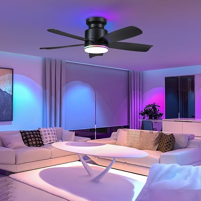 Wiviniya 41 Inch Black Flush Mount Ceiling Fans with RGB Lights, 5 Reversible Blades, 6-Speed 2H Timer, RGB & 3 CCT Dimmable, Remote & APP Control for Bedroom Living Room