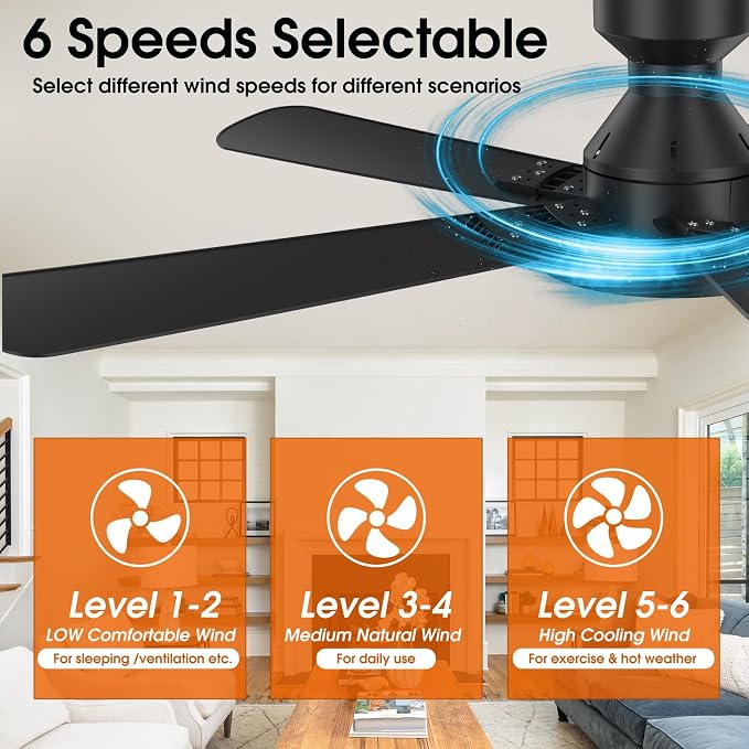 Ceiling Fans with Lights, 52 inch Low Profile Ceiling Fan with Light, Remote/App Control, Flush Mount Black Ceiling Fan for Bedroom, Indoor/Outdoor
